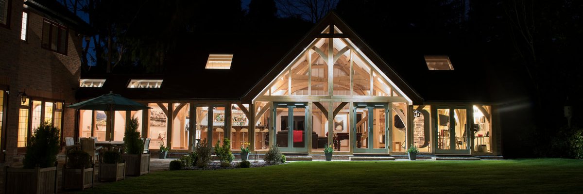 Oak frame extension at night